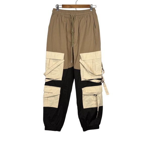 Akira Dixie Color Blocked Cargo Jogger Pants Tan Black Cream Multi Large NWT - Picture 2 of 9